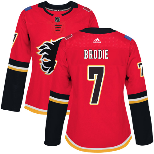Adidas Calgary Flames 7 TJ Brodie Red Home Authentic Women Stitched NHL Jersey